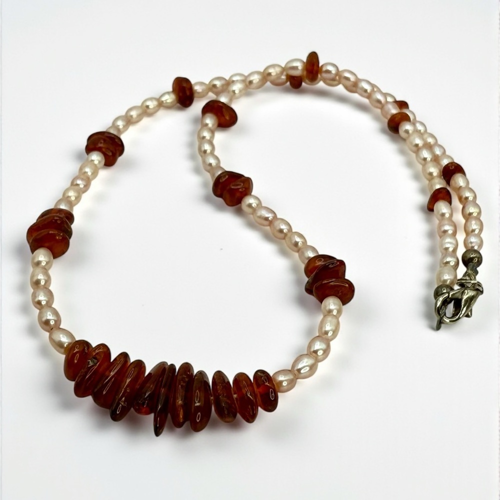 Genuine Amber & Freshwater Pearl Necklace – 18” - Picture 13 of 17